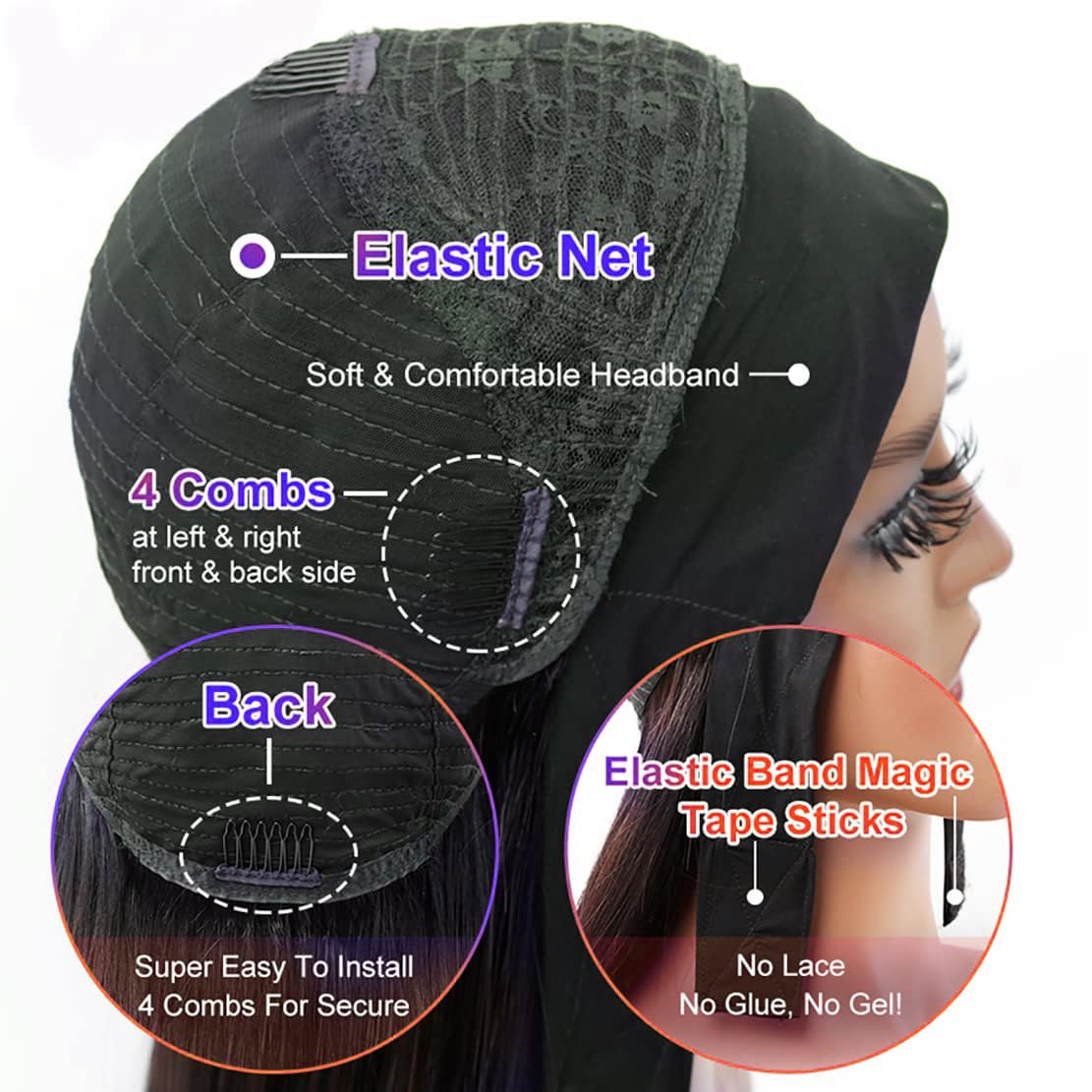 Unvizossa Headband Wig Human Hair Straight 18 Inch Headband Wigs for Black Women Glueless None Lace Front Wig Brazilian Virgin Human Hair Wigs Natural Color 150% Density