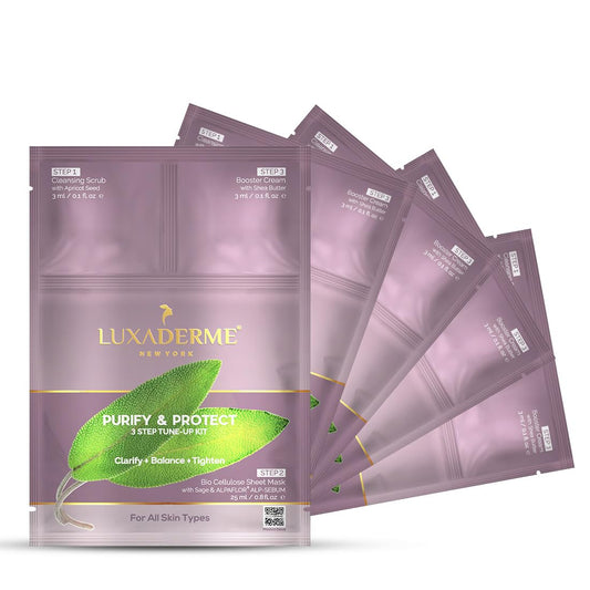 LuxaDerme Purify & Protect 3 Step Tune-Up Kit - Cleansing Scrub, Bio Cellulose Sheet Mask, Booster Cream (Pack of 5)