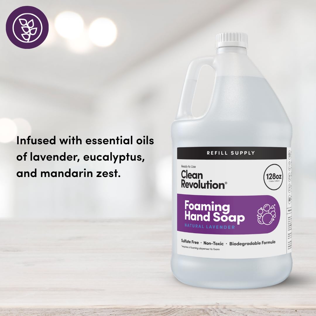Clean Revolution Foaming Hand Soap Refill with Real Essential Oils, Moisturizing Sulfate-Free Hand Soap, Ready-to-Use Foam Soap Refill for Kitchen & Bathroom (Natural Lavender, 128oz)