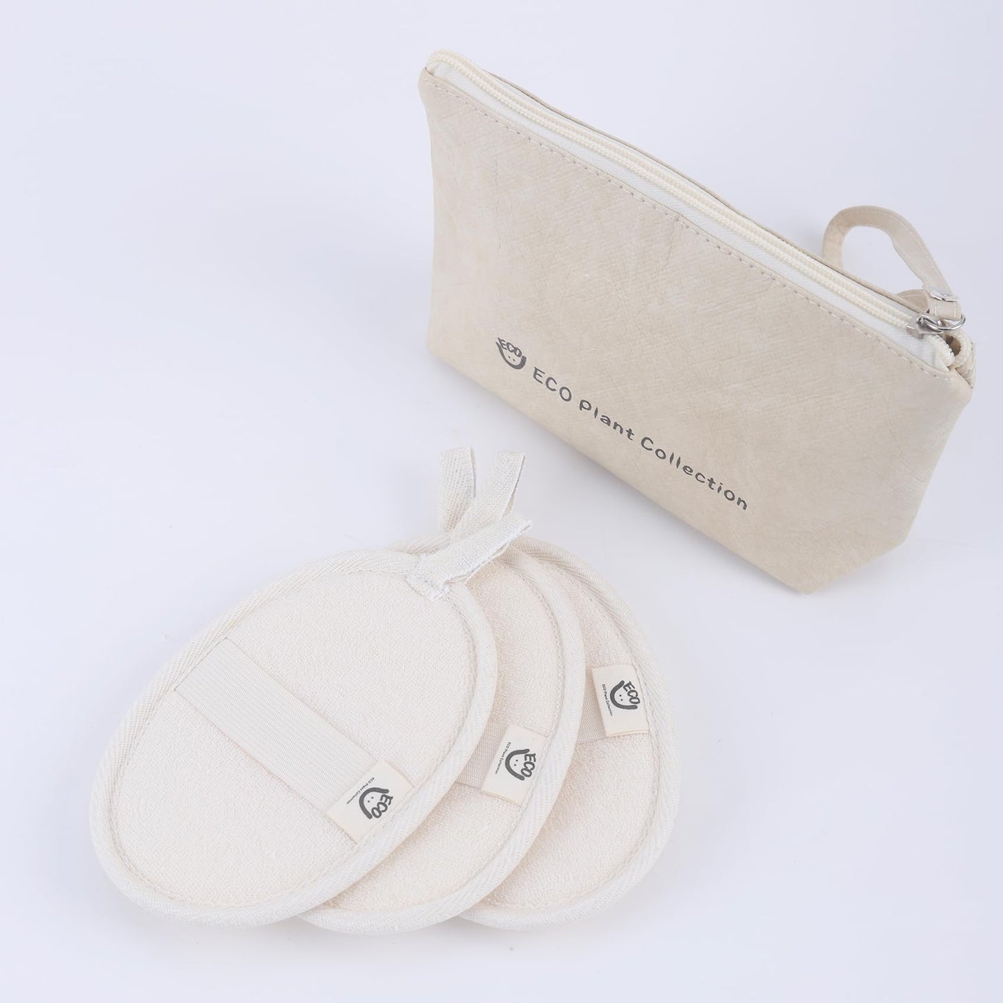 ECO Plant Collection Oval Natural Loofah Bath-Sponge-3 Count, Exfoliating Body Scrubber for Women and Men,Exfoliate & Soothe Face & Body, Biodegradable Fashion Storage Bag