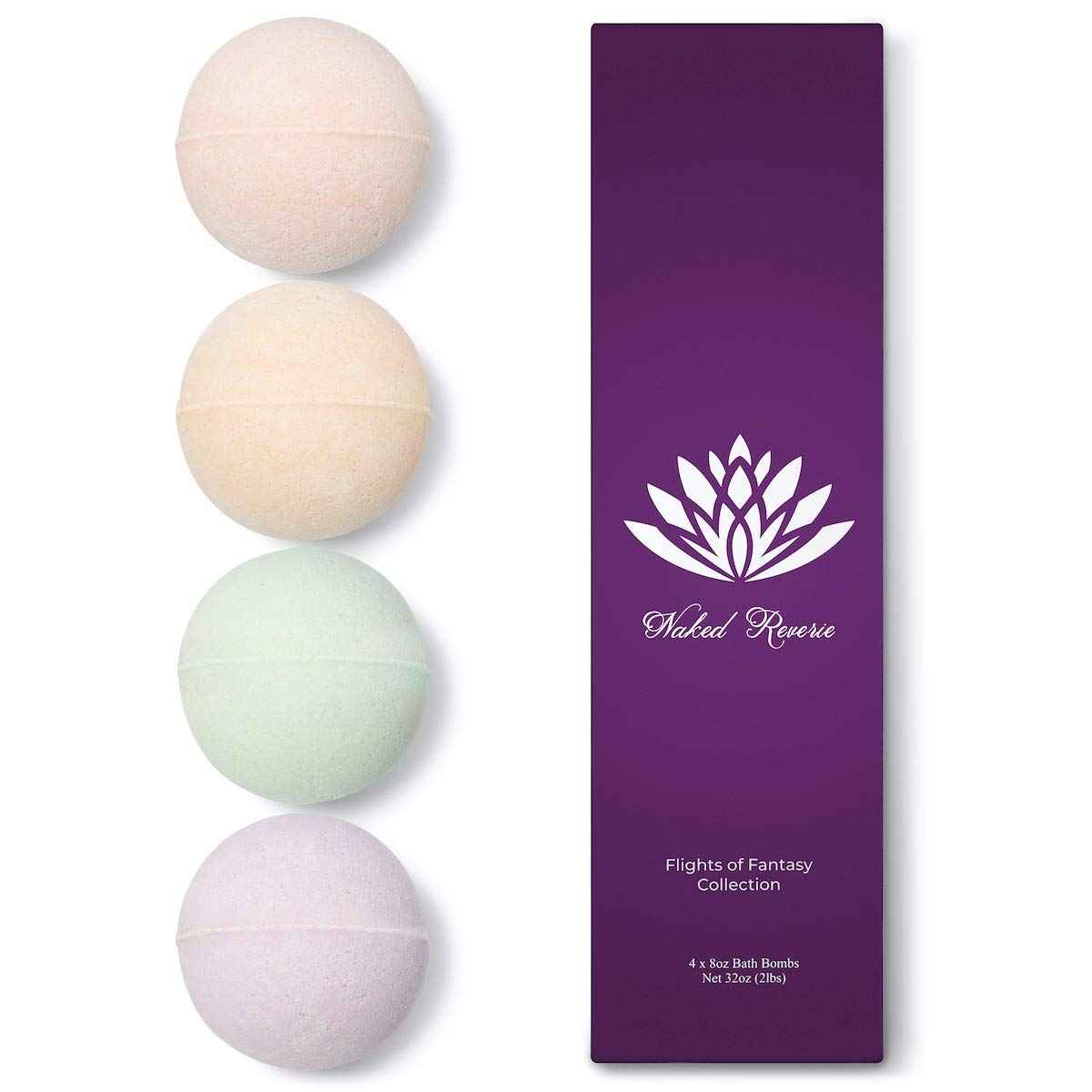 Bath Bomb Gift Set for Women: USA Made All-Natural, Organic Essential Oils, Epsom Salt, and Shea Butter: 4 Extra Large (8 oz) Bath Bombs for Longer Fizz: Safe for Sensitive Skin by Naked Reverie