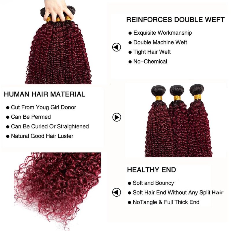 Burgundy Curly Bundles Human Hair Ombre Burgundy Human Hair Bundles 1B99J Bundle 12 14 16 Inch Double Weft Brazilian Virgin Remy Hair Extensions For Women Deals 300G