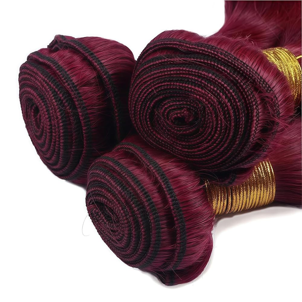 Hiaplame Burgundy Human Hair Bundles #99j Straight Bundles 8 10 12 inch Double Weft Burgundy Straight Human Hair Weave Brazilian Virgin Remy Hair Extensions Soft and Silky for Women