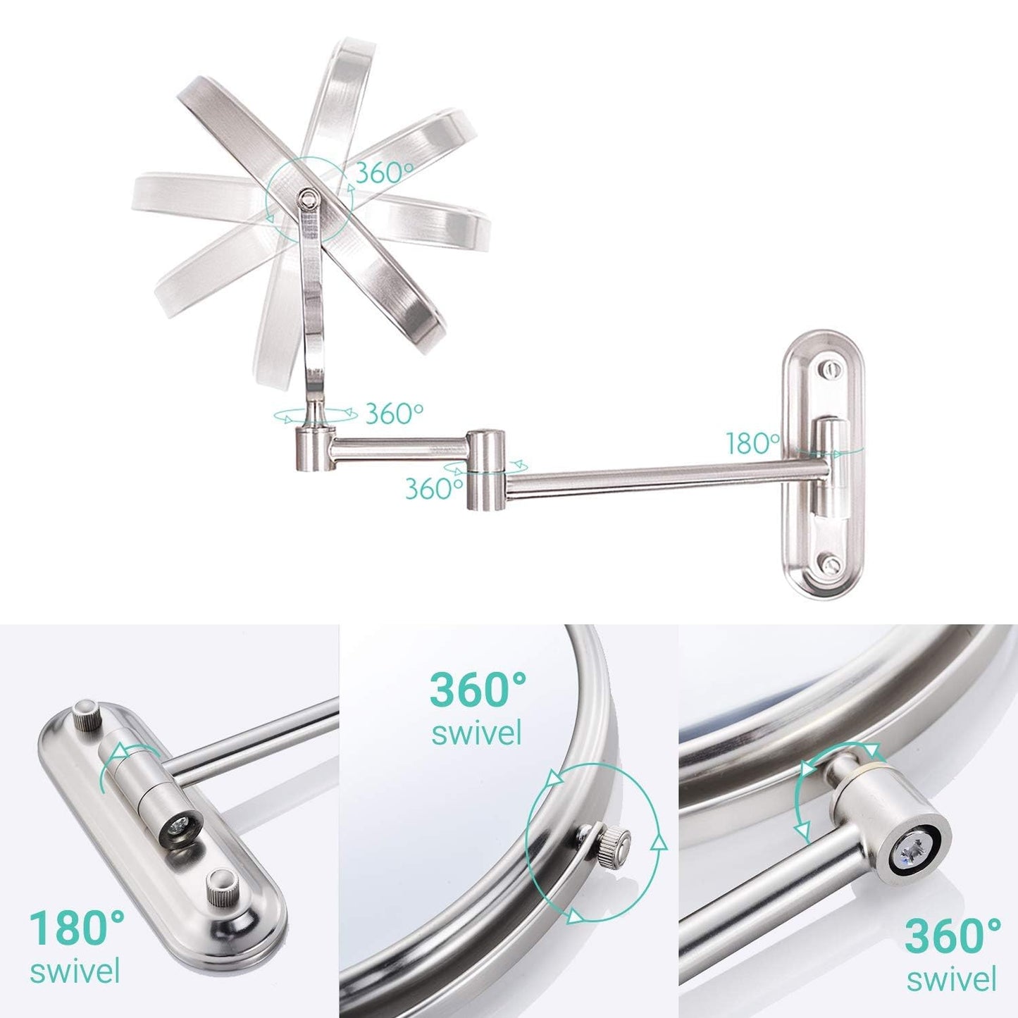 Gecious Wall Mounted Makeup Mirror Nickel, Double Sided with 10X Magnification,Wall Mount Vanity Mirror for Bathroom, 360 Swivel