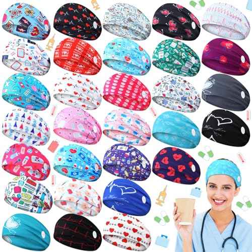 Tigeen 30 Pcs Nursing Headbands for Women Cna Accessories Non Slip Nurses Hair Bands with Buttons Doctor Sweatband Mask for Nurses Christmas Gifts Elastic Ear Protection Appreciation Medical