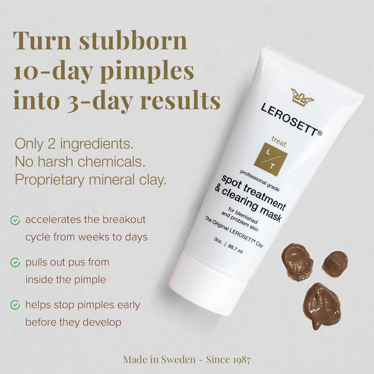 LEROSETT Facial Clay Mask for Balanced, Clear-Looking Skin. Helps Refine Pores & Reduce Excess Oil. 100% Natural, Spa-Grade, Made in Sweden Since 1987