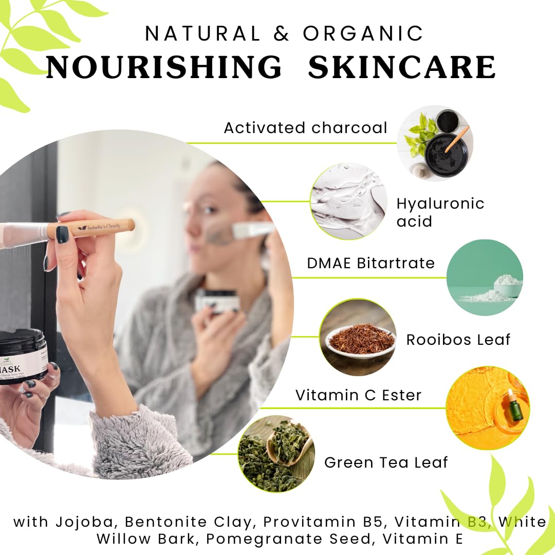 Isabella's Clearly MASK, Deep Pore Cleansing Charcoal Face Mask with Anti Ageing Hyaluronic Acid | Natural Skin Care for Wrinkles, Blackheads, Large Pores, Acne | Includes Applicator Brush
