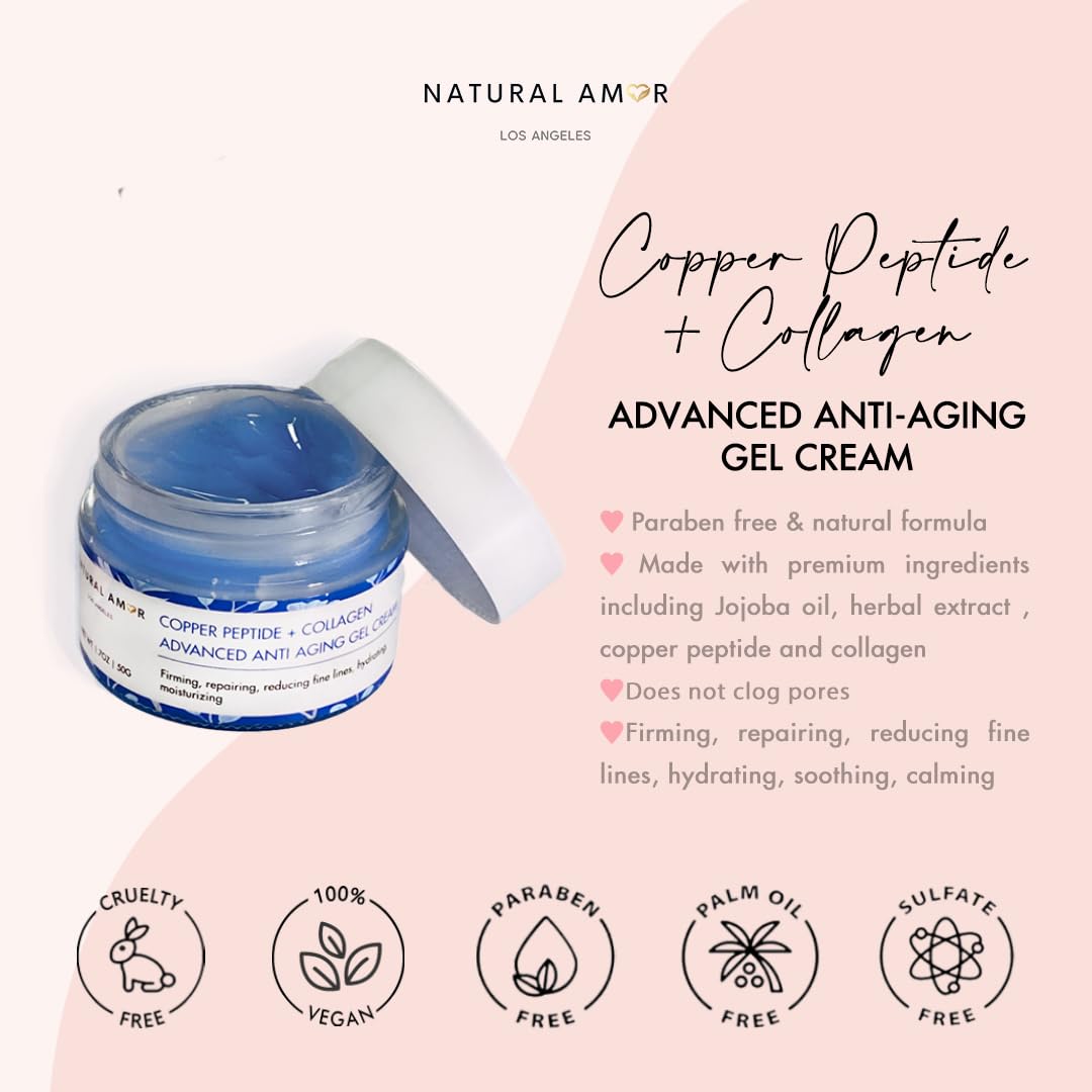 Natural Amor Copper Peptide Face Gel Moisturizer - Anti-Aging Collagen Cream for Rapid Firming | 1.7 oz