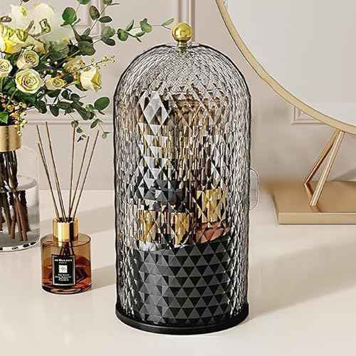 Makeup Brush Holder Organizer with 360¡Æ Rotating Lid Dustproof Makeup Brushes Organizer for Vanity Desktop Bathroom Countertop Clear Cover Easy Visibility (Black)