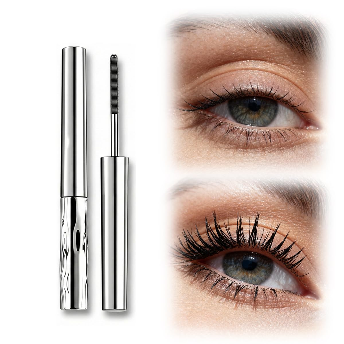 Metal Wand Mascara - Waterproof Tubular Eyelash Primer for Long Curling | Brushless, Non-Smudge Formula (Black)
