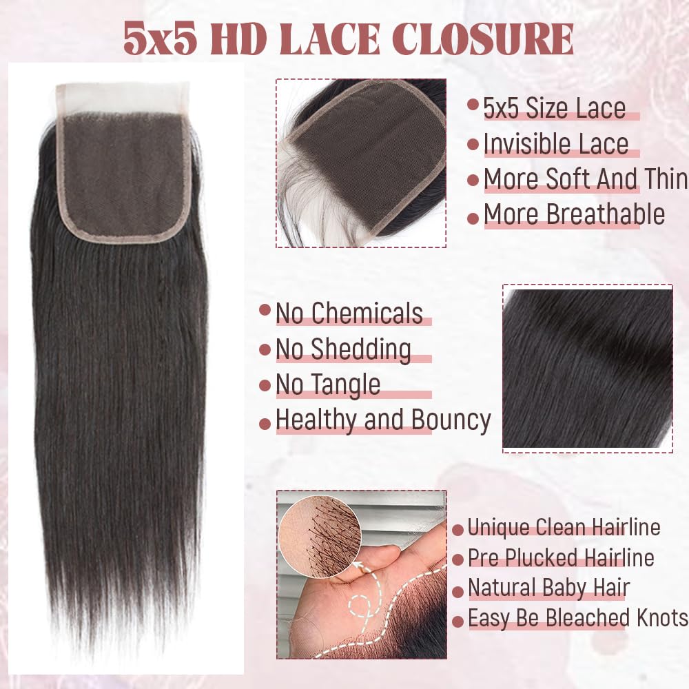 Real HD Lace Frontal Closure Straight Brazilian Virgin Human Hair,13X4 Ear To Ear HD Transparent Invisible Swiss Lace Frontal Pre Plucked with Baby Hair HD Transparent Lace Closure Human Hair