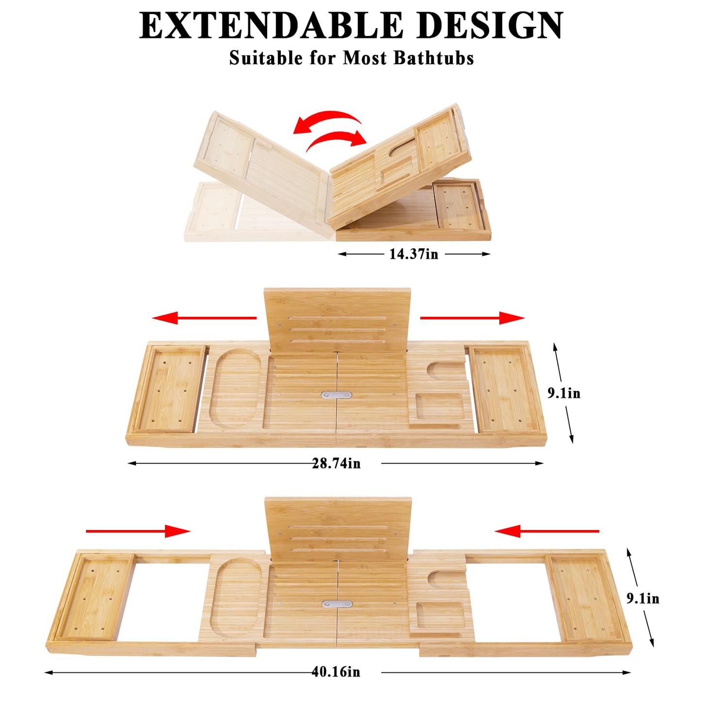 AUTODECO Bathtub Tray, Bamboo Bath Tray for Tub, Expandable Bath Tray with Bamboo Book Stand, Soap Tray, Bathtub & Bathroom Accessories Perfect for Home Spa, Natural Colour