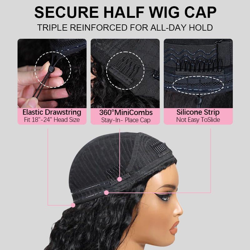 Kinky Straight Half Wig - 3 in 1 Seamless Flip Over Glueless Clip-In Hair | 20 Inch Natural Black for Women