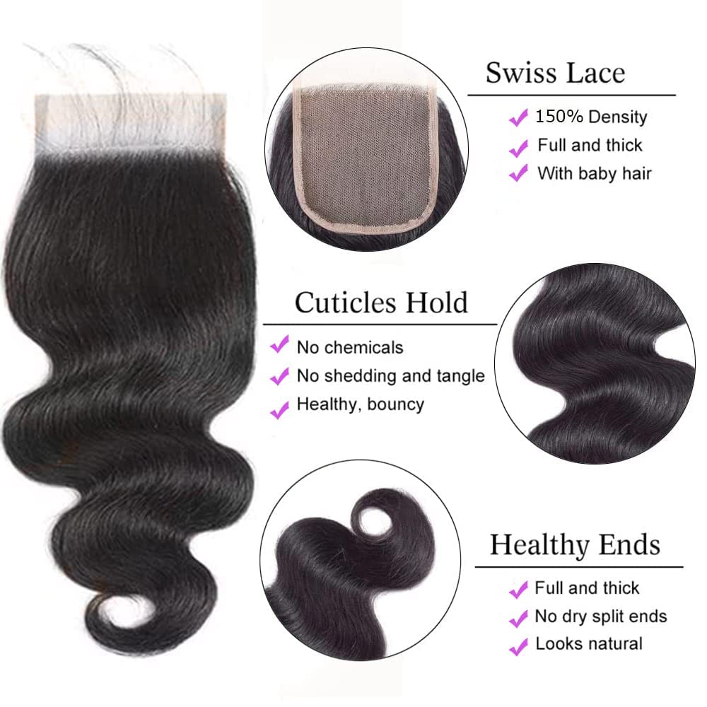 Bundles with Closure Human Hair Body Wave 10 10 10+10 Inch 100% Unprocessed Brazilian Virgin Human Hair 3 Bundles with Closure Human Hair Extensions with 4x4 Free Part Lace Closure Natural Black
