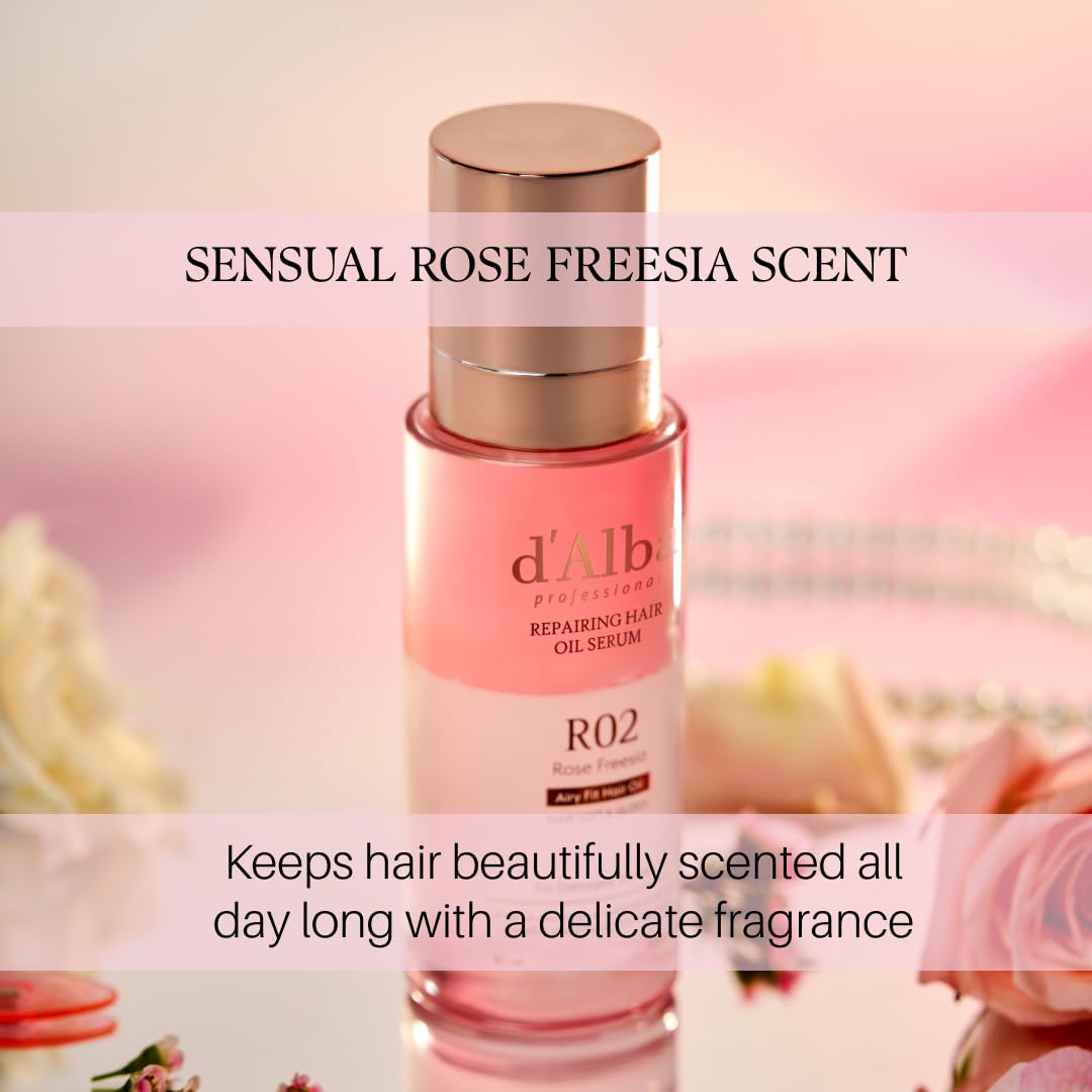 d'alba Piedmont Professional Reparing Hair Oil Serum (2.54 fl oz), Silky and Glossy Hair, Lightweight & Airy Finish, Argan Oil, Amino Acid, Protein Complex, Rose Freesia Scent