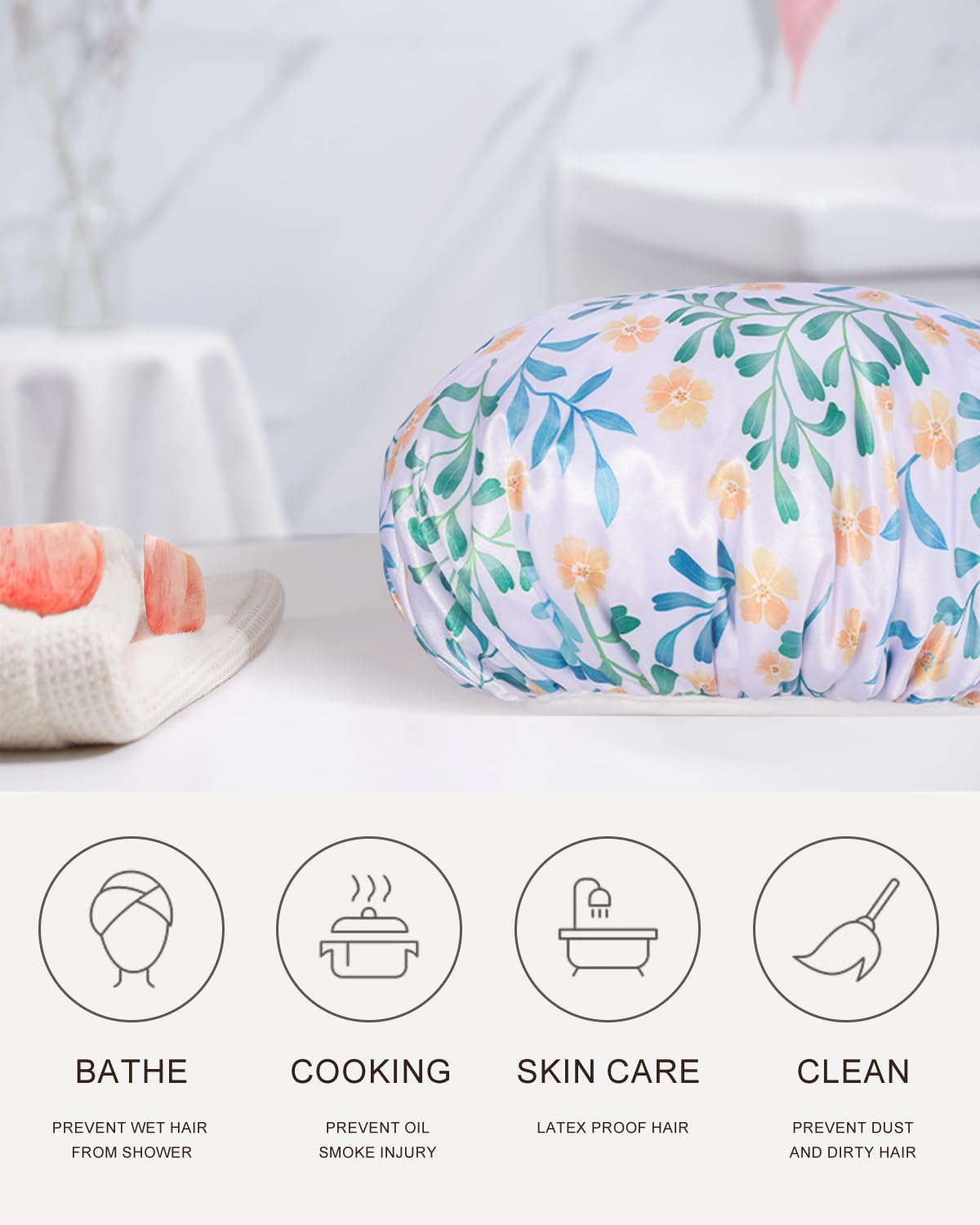 Gootty Shower Cap, Terry lined Reusable shower caps, Large Shower Cap for Women, Waterproof Hair cap Triple Layer Shower Caps for Long Thick Hair