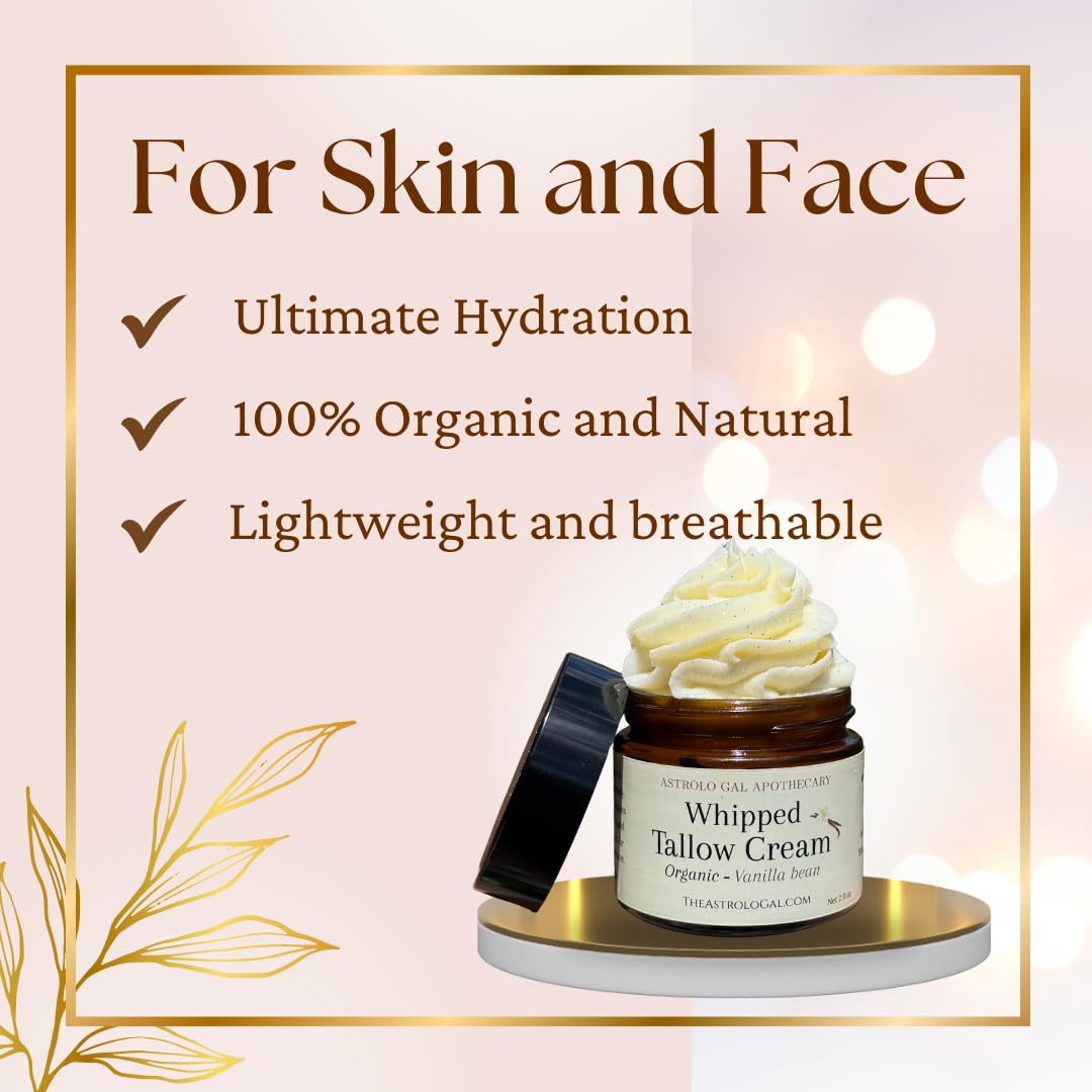 Astrolo Gal Apothecary Organic Vanilla Whipped Tallow Cream – 100% Grass-Fed | Natural Moisturizer for Dry Skin, Sensitive Skin, Face & Body – 2 oz