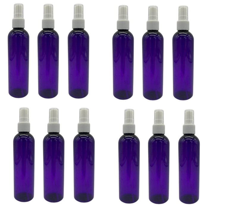 Natural Farms 4 oz Purple Cosmo Plastic Bottles - 12 Pack Empty Bottle Refillable - BPA Free - Essential Oils - Aromatherapy | White Ribbed Fine Mist Pump Spray Caps- Made in the USA