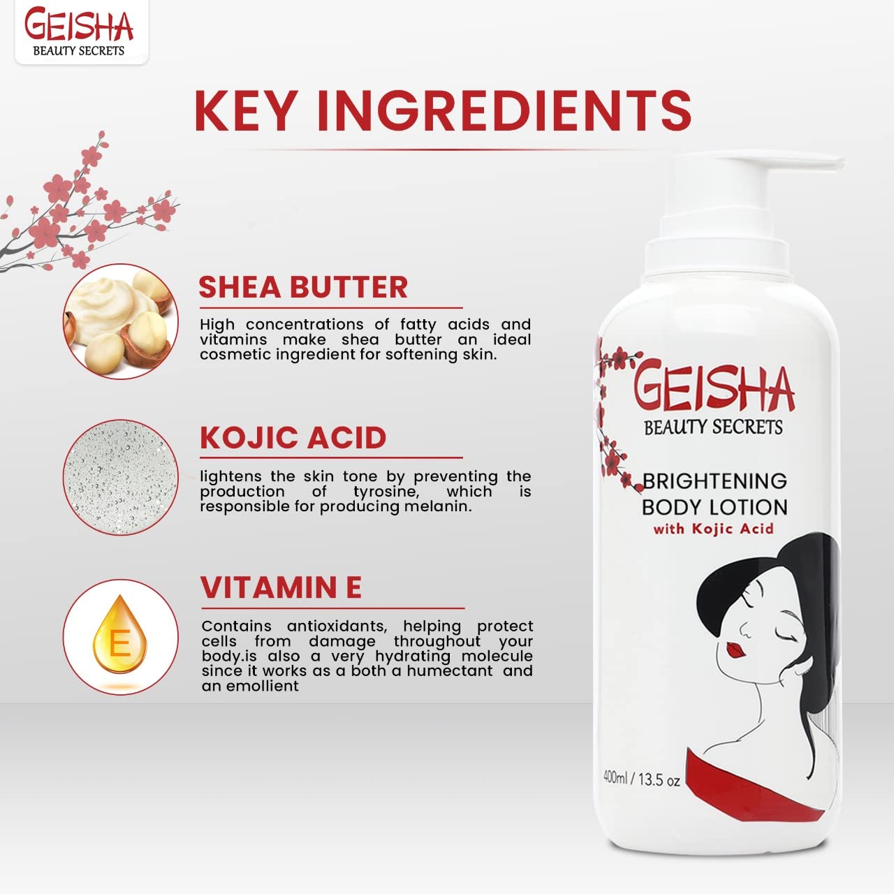 OMIC Geisha Kojic Acid Skin Brightening Body Cream - 13.5 fl oz / 400ml- Dark Spot Cream, Moisturiser, Uneven Skin Tone