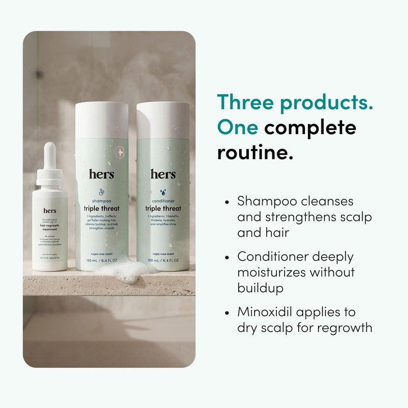 hers Triple Threat Shampoo, Conditioner, and 2% Minoxidil Set - Biotin, Saw Palmetto, & Pumpkin Seed Oil - Supports Hair Regrowth for Women - Color-Safe & Paraben-Free - Napa Rose Scent - 3 Count