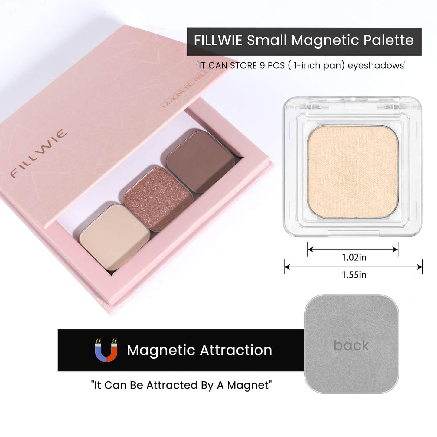 Fillwie 3-Color Eyeshadow Set with Compact – Removable Neutral Matte & Shimmer Pans, Ivory, Champagne & Taupe, High-Pigment Longwear Eye Makeup