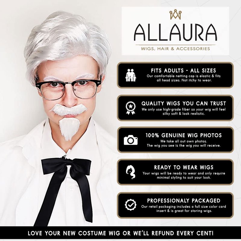 ALLAURA Compatible with Colonel Sanders Wig – Old Man Costume Set with White Wig, Beard, Mustache, Glasses & Tie – Realistic Hair for Adults, Funny Fast Food Icon Look, Halloween Cosplay, Party Outfit
