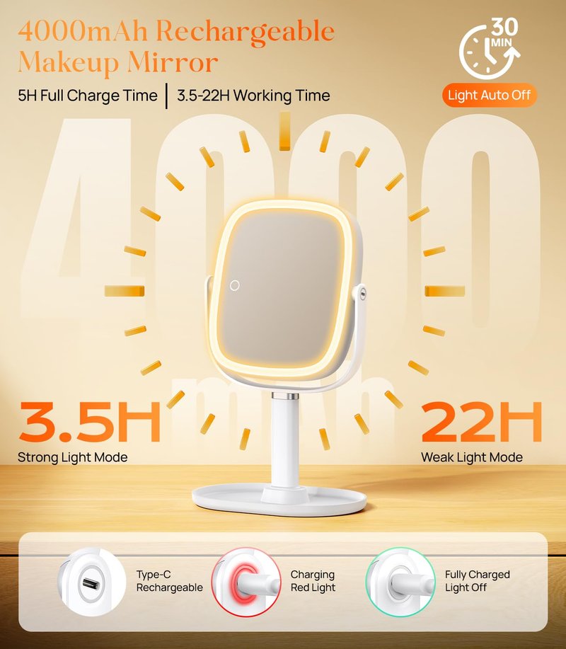 Lighted Makeup Mirror with 1X/10X Magnification - Adjustable Height, 4000mAh Battery, 3 Color Lights | White