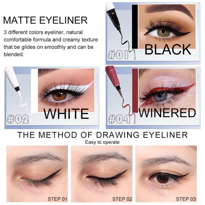 Colored Eyeliner Set - 3 Pcs Waterproof Matte Liquid Eye Liner in White, Red & Black | Long-Lasting Colorful Makeup