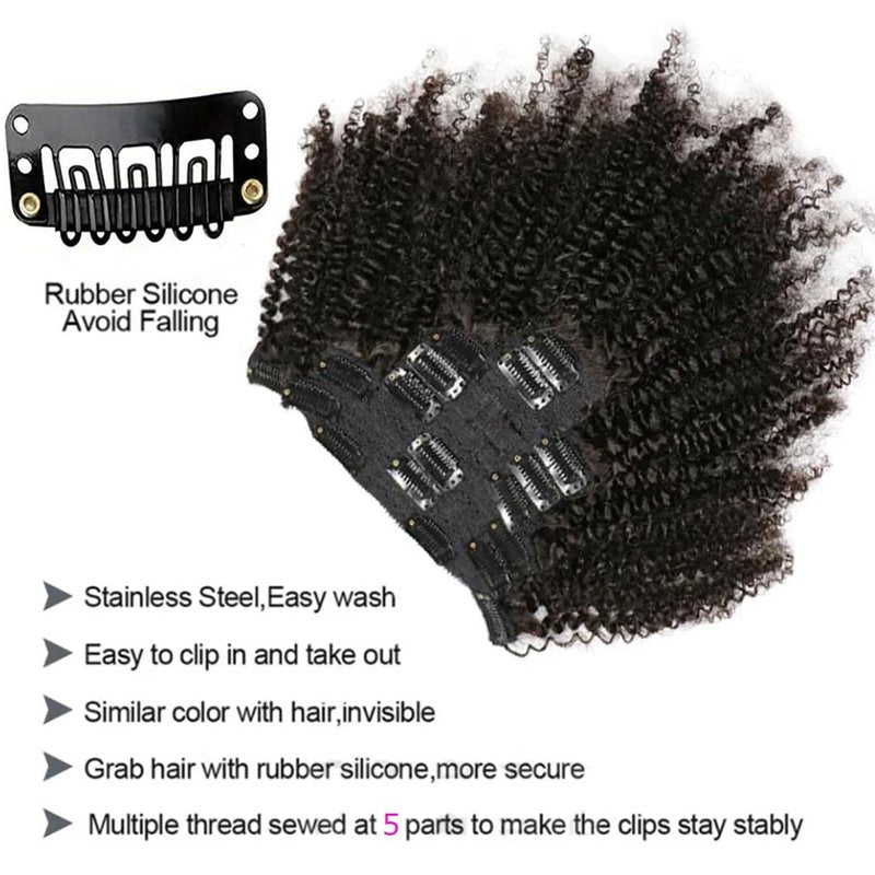 SAEIALL 4C Afro Kinky Clip Ins Mongolian Human Hair Afro Curly Clip On Hair Extensions 120g/set Mongolian Virgin Remy Human Hair 4c clip ins (14inch, natural black)