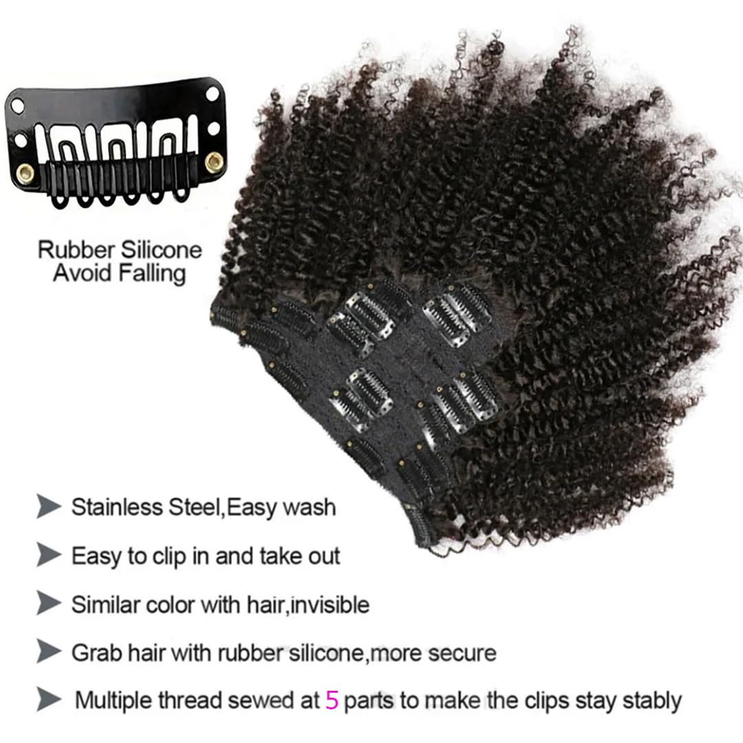 SAEIALL 4C Afro Kinky Clip Ins Mongolian Human Hair Afro Curly Clip On Hair Extensions 120g/set Mongolian Virgin Remy Human Hair 4c clip ins (14inch, natural black)