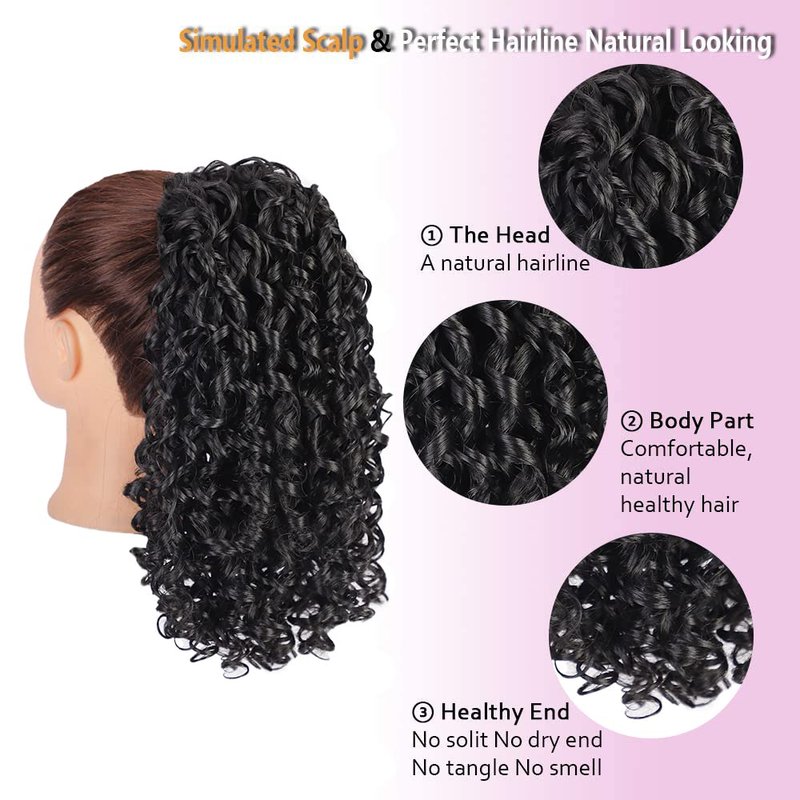 AISI BEAUTY Black Curly Ponytail Extension Drawstring Ponytail for Black Women 14 Inch Fake Pony Tail Synthetic Ponytail with 2 Clips in(Jet Black)