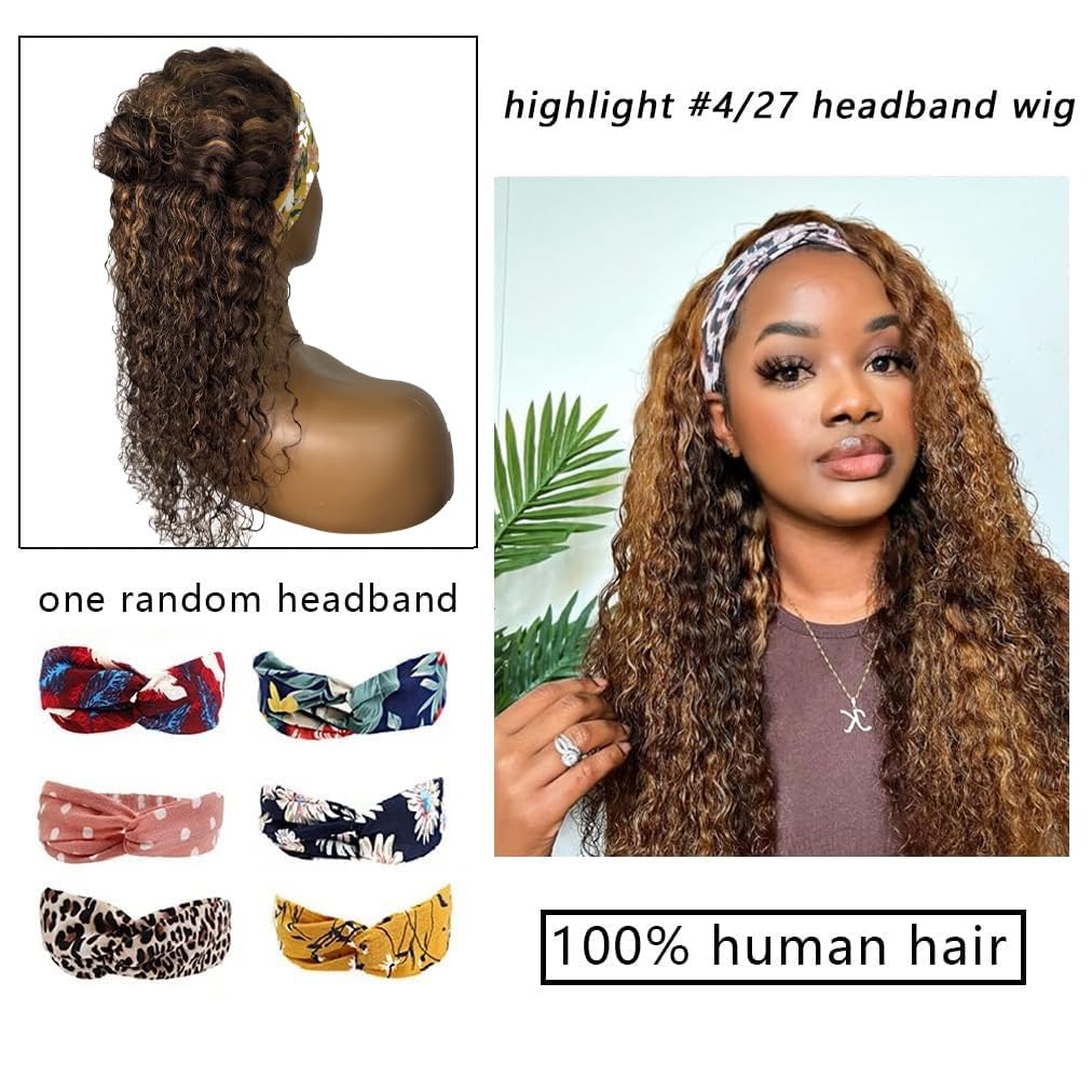 Ombre Headband Wig Human Hair Deep Wave Brazilian Glueless Wig 12Inch #4/27