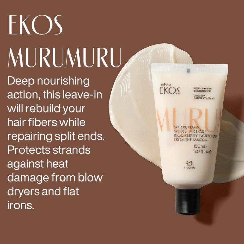 natura - Ekos Murumuru Anti-Damage Leave-In - Reconstructs Hair Fiber, Reduces Frizz, Detangles, and Repairs Split Ends, Vegan, Not Tested On Animals, Unisex, For Frizzy Hair - 5 fl oz (150ml)