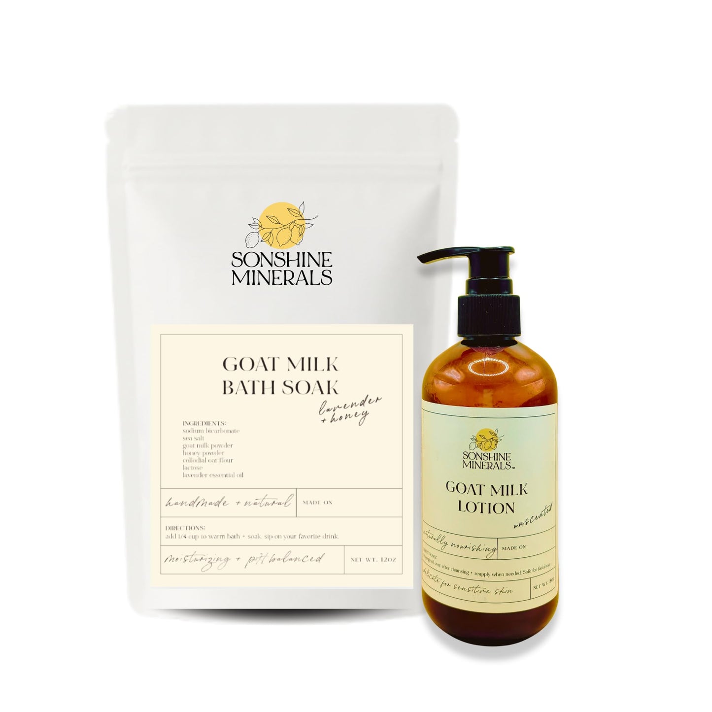 Goat Milk Bath Soak with Colloidal Oatmeal & Honey (12oz) + Unscented Goat Milk Lotion (8oz Pump) | Sensitive Skin Care Duo for Soothing, Hydrating, and Calming Dry Skin
