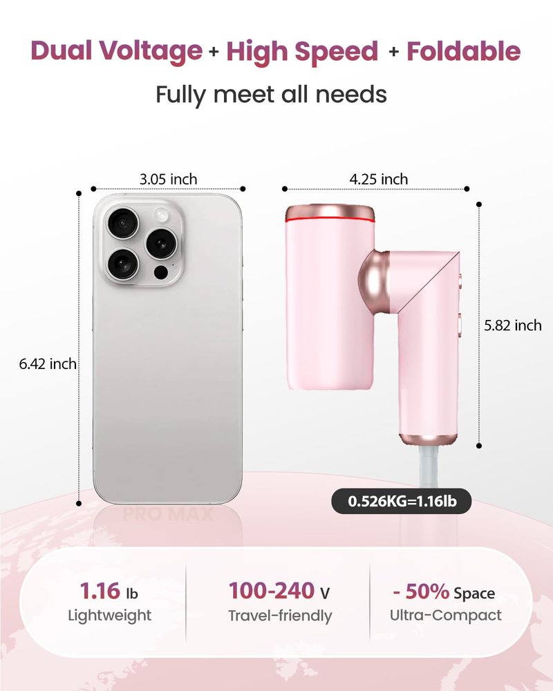 Dual Voltage Hair Dryer Travel Europe Foldable, High Speed Ionic Blow Dryer Fast Drying,100-240V Portable Dryers with Magnetic Nozzles,1300W, Pink