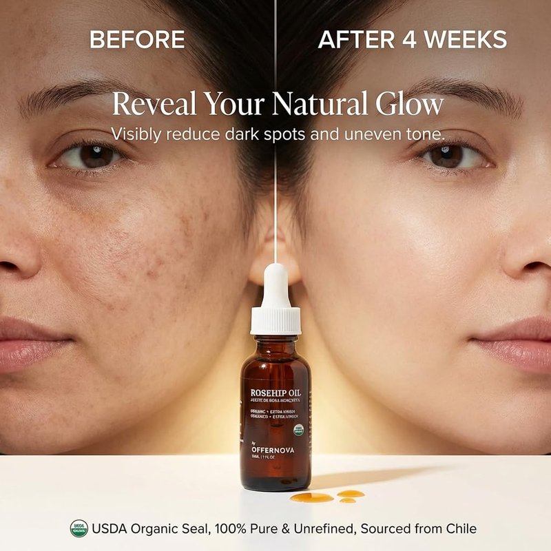 Offernova Organic Rosa de Mosqueta Oil - USDA Certified Rosehip Seed Oil Pure Cold Pressed, Repairs & Brightens Skin - Gua Sha Massage, Face, for All Skin Types - Aceite Facial 1OZ