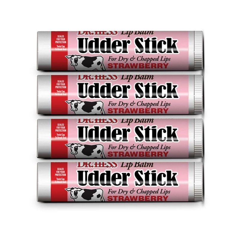 Dr. Hess Original Udder Stick Lip Balm, Soothing Moisturizer Sun Screen Balm for Dry Lips with Jojoba, Beeswax & Shea Butter, Total Lip Care, Hydration & Repair, Strawberry Flavor, 4 Pack