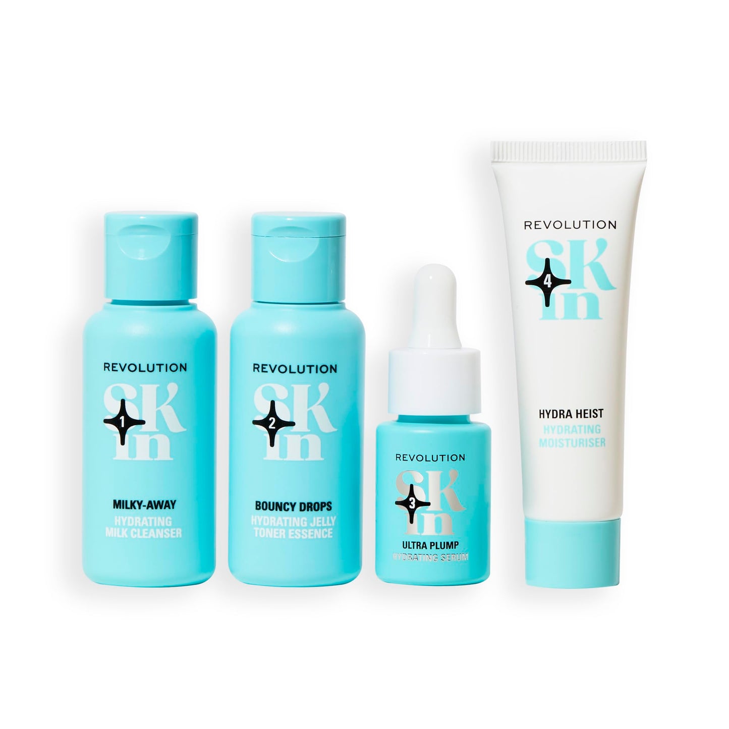 Revolution Skin, Happy Hydrate 4 Step Starter Kit, Hydrating Skincare Set with Cleansing Milk, Essence, Serum & Moisturizer, Vegan & Cruelty-Free, 4 Mini Products