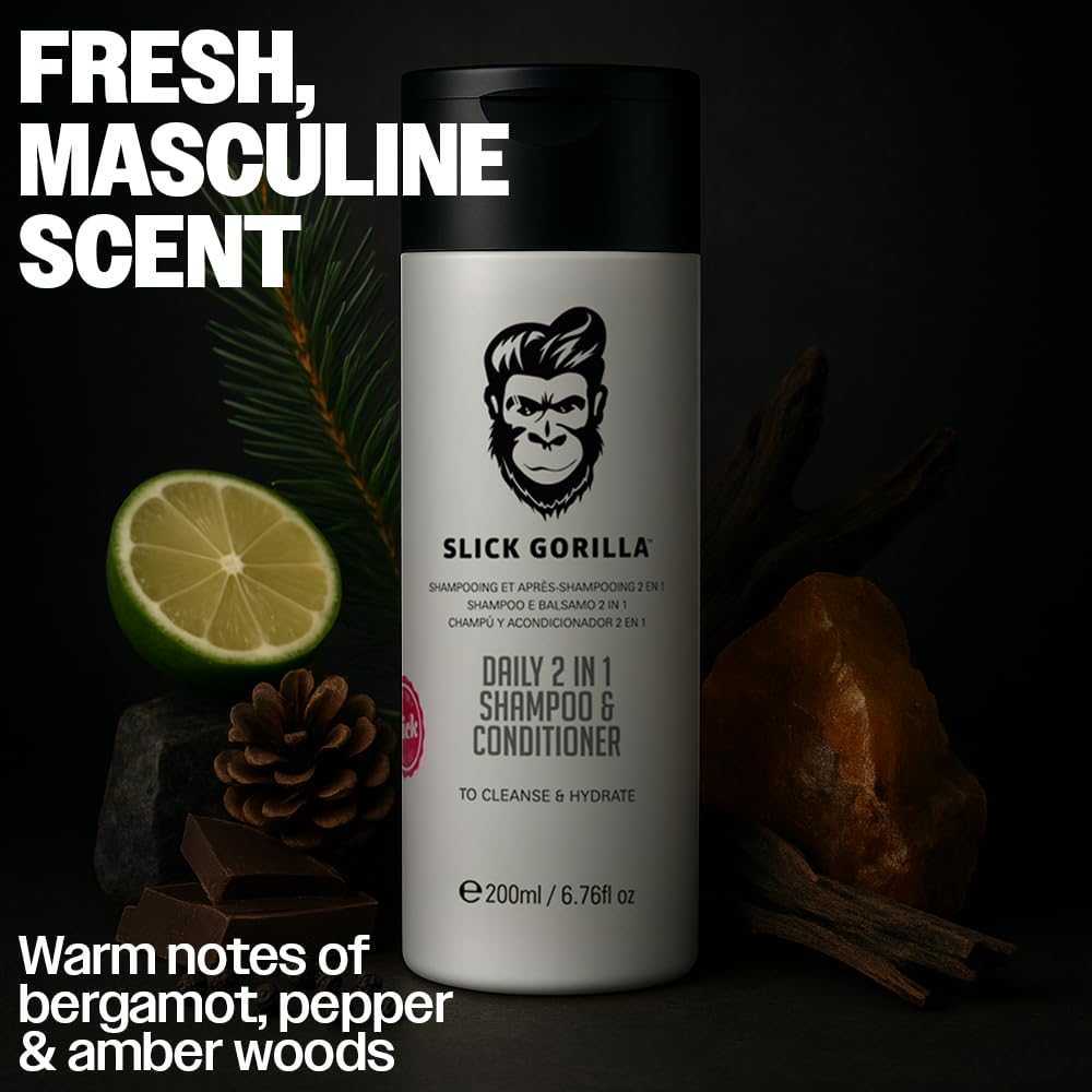 Slick Gorilla 2 in 1 Shampoo and Conditioner for Men 200ml / 6.76 fl oz | Cleans, Strengthens, Hydrates | Infused with Natural Ingredients | Healthy Fresh Hair | All-in-One Daily Grooming Solution