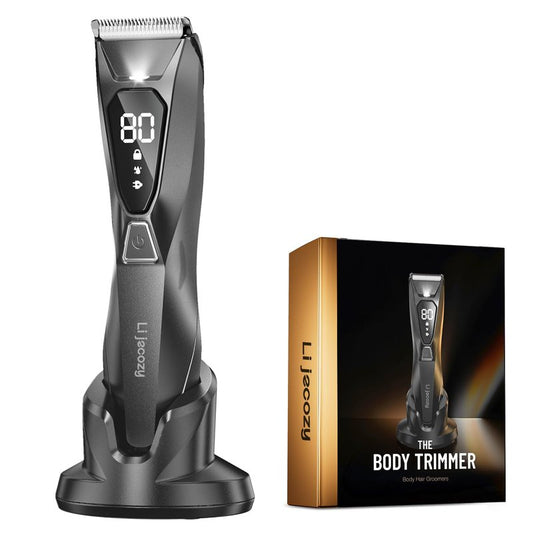 Lijecozy Body Hair & Pubic Hair Trimmer for Men - Electric Ball Shaver with LED Light & Display, Waterproof Wet/Dry Groomer Kit with Wireless Charging & 3 Combs, Ceramic Blade Technology