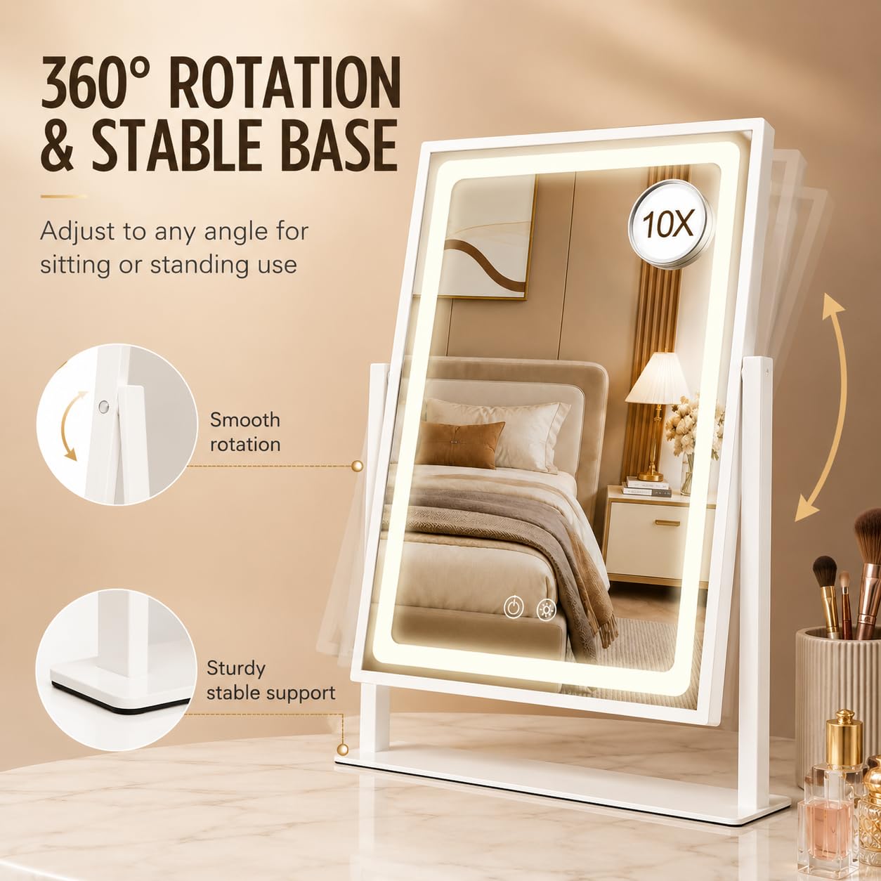 BRIGHTINWD Vanity Mirror with Lights - 13.78"× 10.23" Adjustable Lighted Makeup Mirror for Desk, Detachable 10X Magnification Mirror, Touch Sensor, Desk Mirror for Bedroom & Dressing Room (White)
