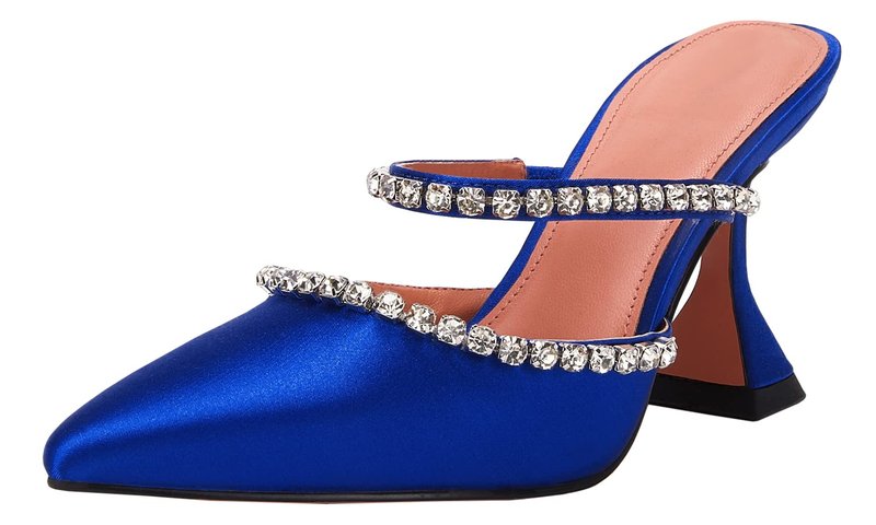 VETASTE Women's Pointed Toe Strappy Heels Crystal Satin Heeled Mules Wedding Party Shoes Blue