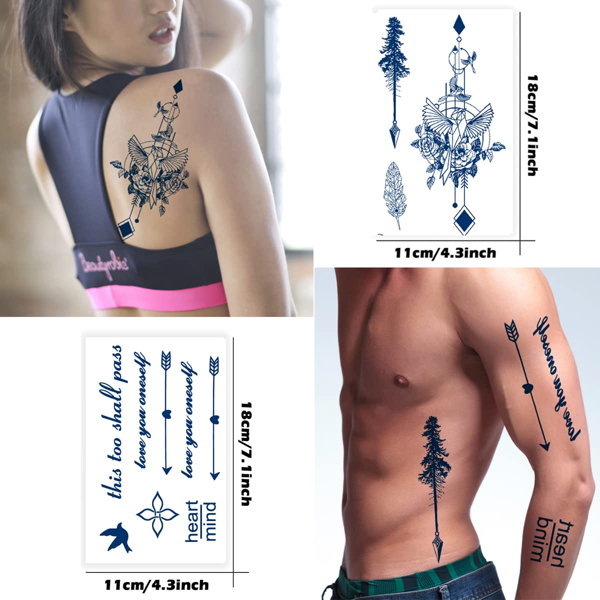 Arrow Semi-Permanent Tattoo Stickers | 6 Sheets of Long-Lasting Feather & Letter Designs | Waterproof & Plant-Based Ink