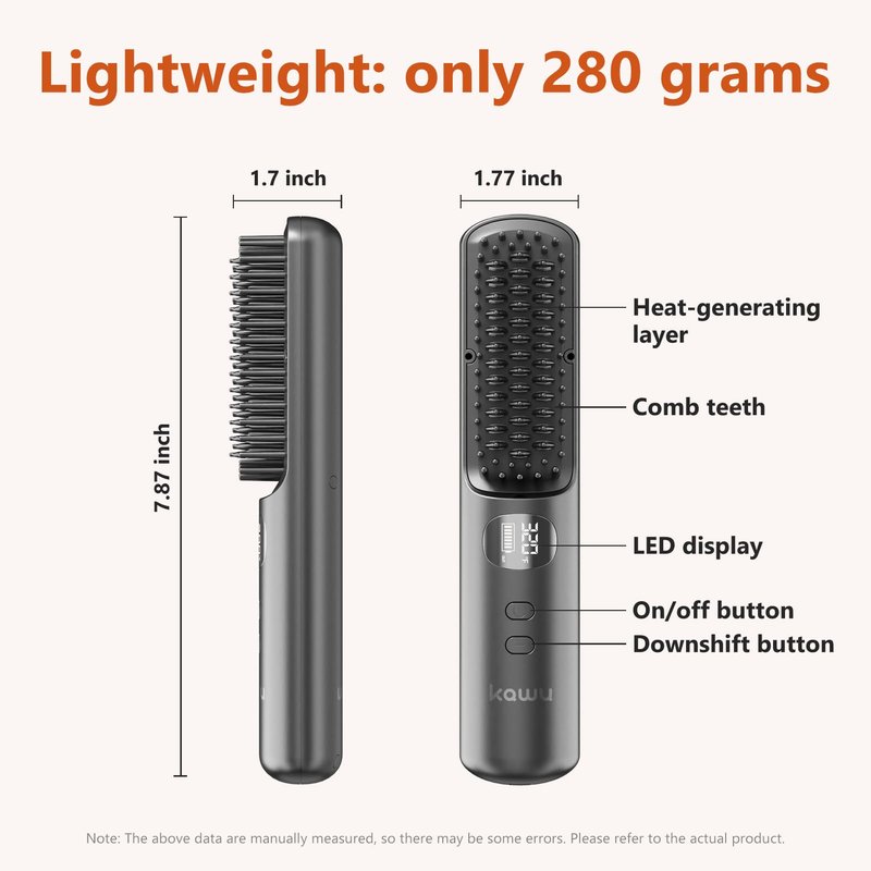 Kawu Electric Hair Straightener, Portable Hot Comb Cordless for Travel, Negative Ion Ceramic Wireless Mini Straightening Comb, USB Rechargeable Anti-Scald Styling Iron for Women & Girls