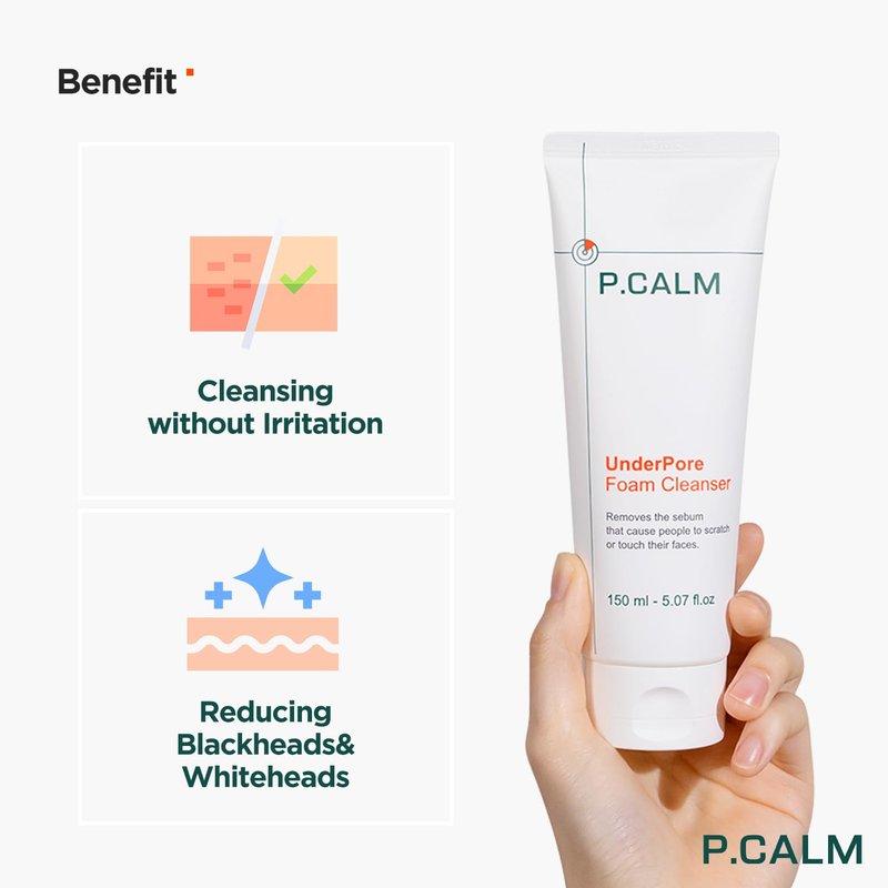 P.CALM Underpore Foam Cleanser | Azulene for Deep Pore Cleansing, Gentle Oil Control, Mild & Non-Irritating for Sensitive Skin, Foaming Facial Wash | Korean Vegan Skincare, 150ml / 5.07 fl. oz