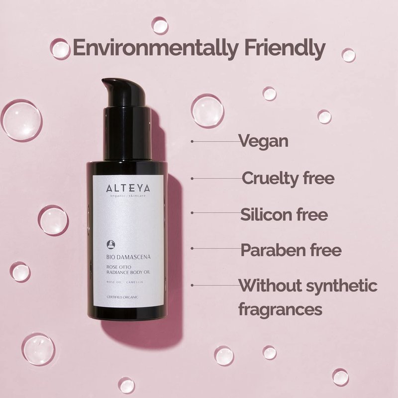 Alteya Organics Bio Damascena Rose Otto Radiance Body Oil - Certified Organic Body Moisturizer With Rose and Camellia Oil - Winner of Delicious Living Magazine Gold Award - 3.4Fl Oz/100mL