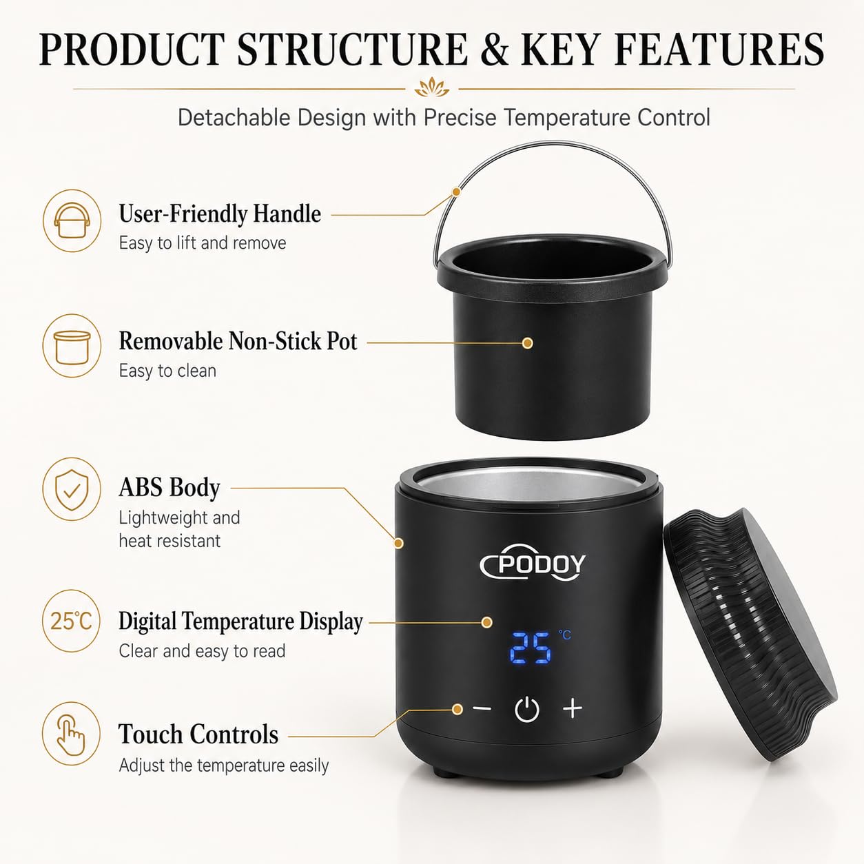 Podoy Mini Wax Pot Warmer for Hair Removal, Small Portable Travel Wax Melt Heater Machine Digital Display for SPA Salon Brow Body Nose Upper Lip Hair Waxing with 100 Waxing Sticks