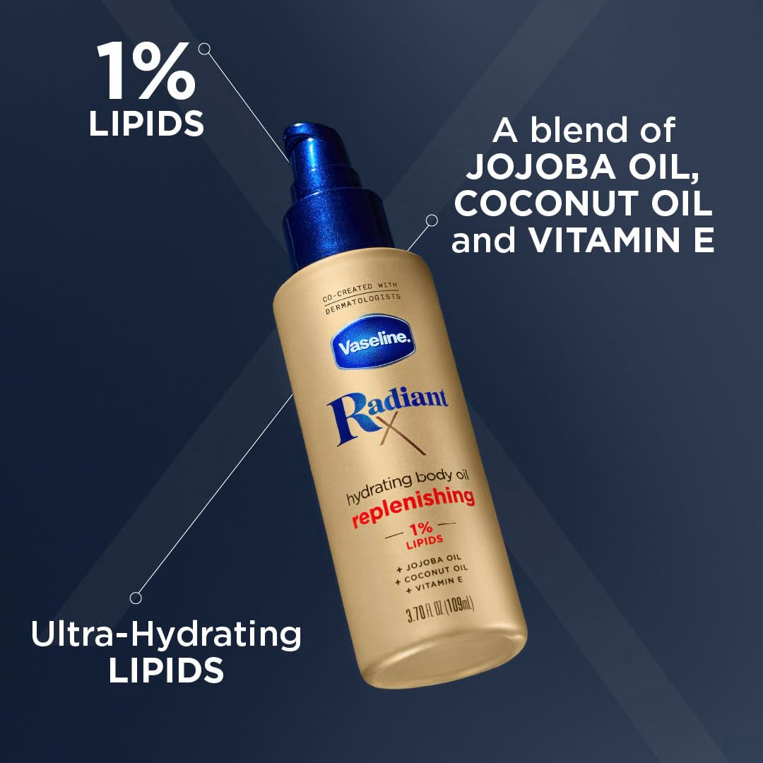 Vaseline Radiant X Deep Nourishment Body Cream 100% Pure Shea Butter, Coconut Oil, Vitamin C, & Peptides 10 oz & Radiant X Replenishing and Hydrating Body Oil with 1% Lipids, Jojoba Oil, Coconut Oil
