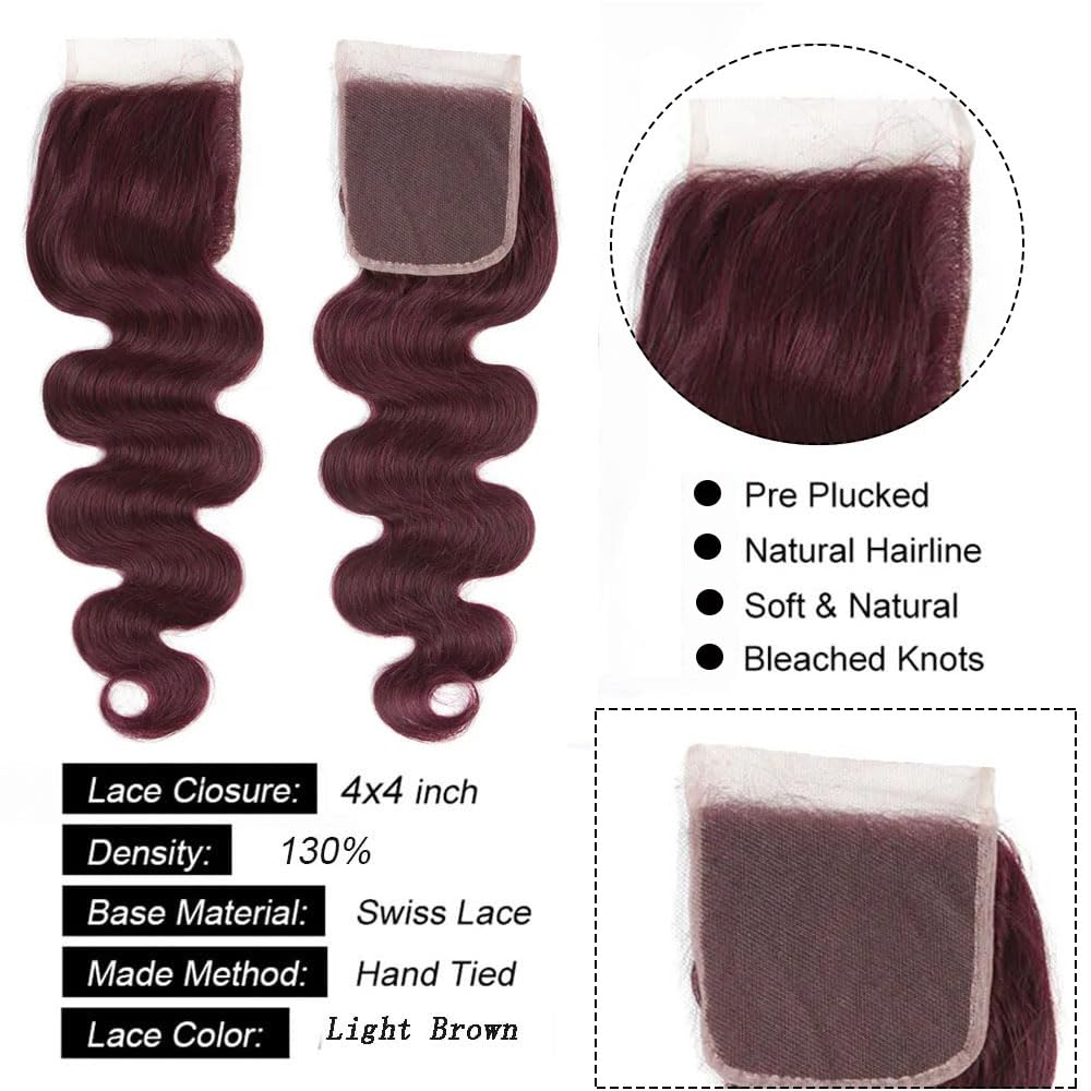 #99j Wine Red Lace Closure 4X4 HDTransparent Lace Front 24 Inch Brazilian Virgin Hair Free Part Pre Plucked 100% Burgundy Body Wave Lace Closure Human Hair Extensions