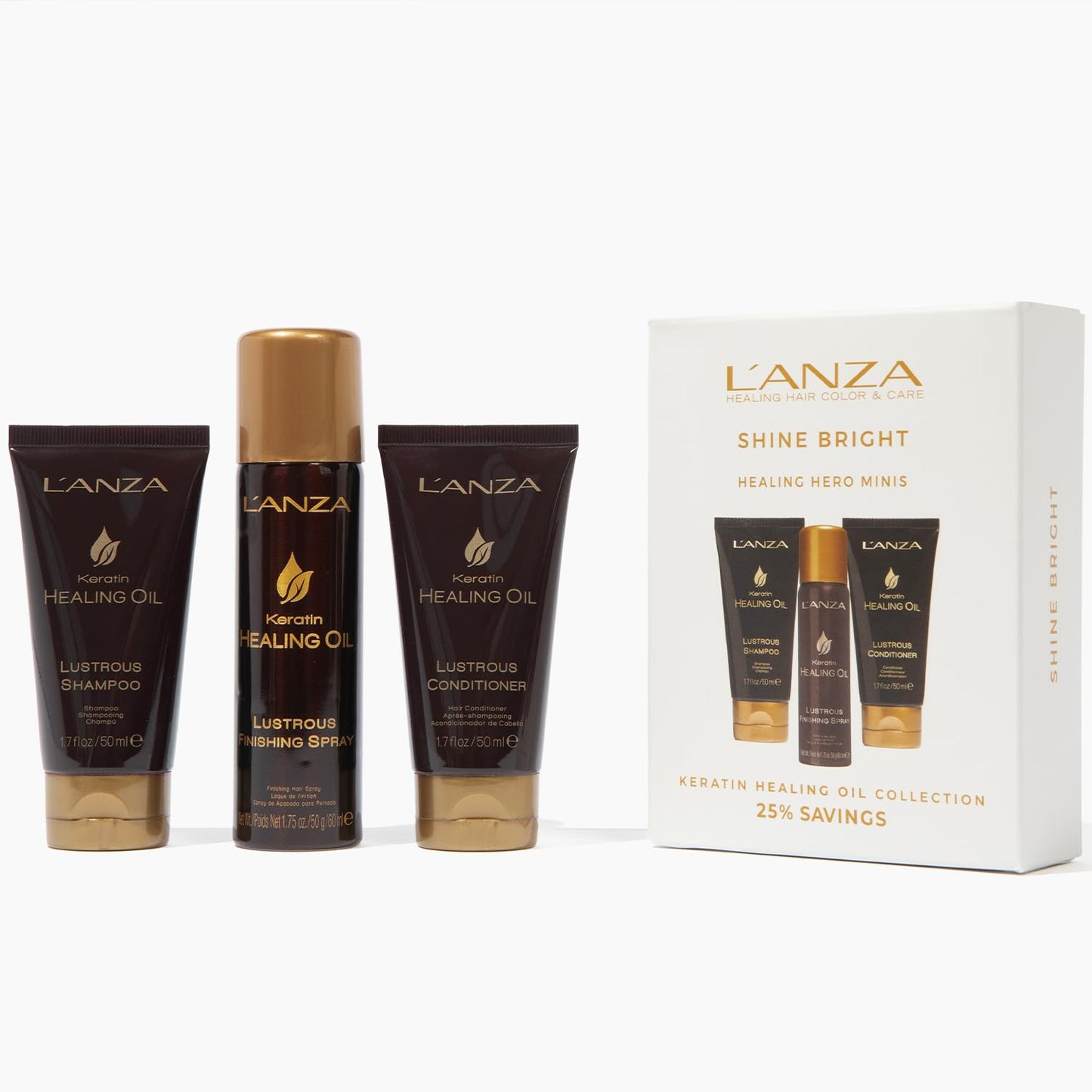 L'ANZA Keratin Healing Oil Mini Trio Hair Kit, Lustrous Keratin Shampoo, Conditioner & Finishing Hairspray in a Gift Box, Luxury Hair Care Kit for Dry, Damaged Hair (1.7/1.7/2 Fl Oz)